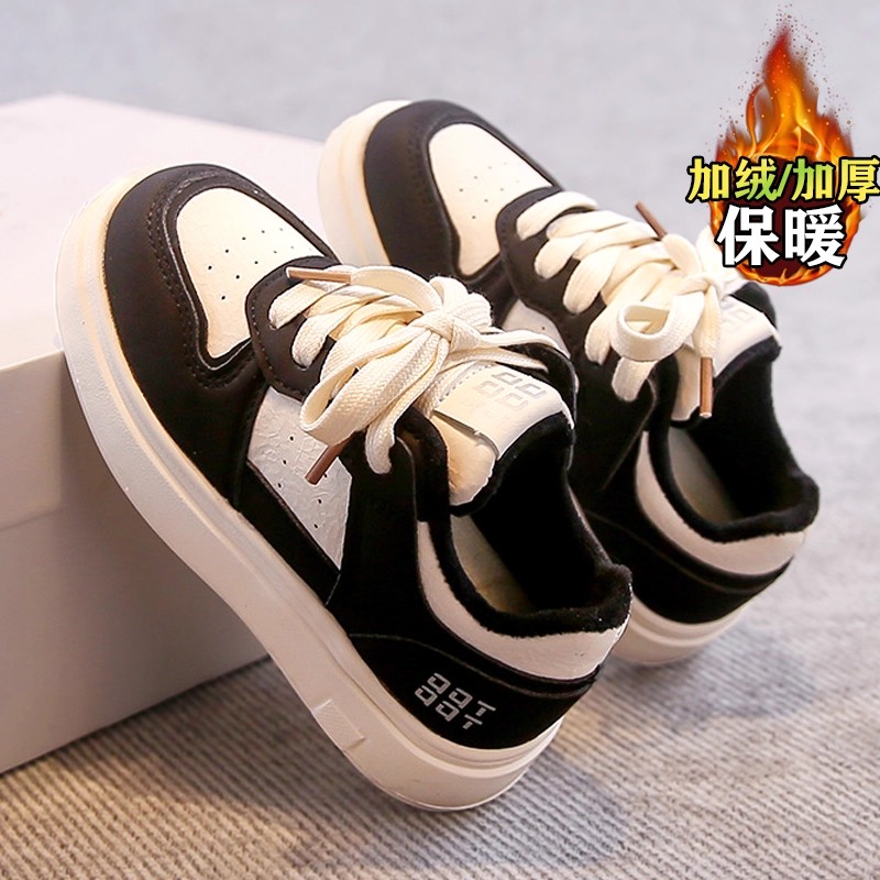 男童鞋子加绒学生小白鞋2025秋冬儿童皮面板鞋二棉运动鞋防水防滑