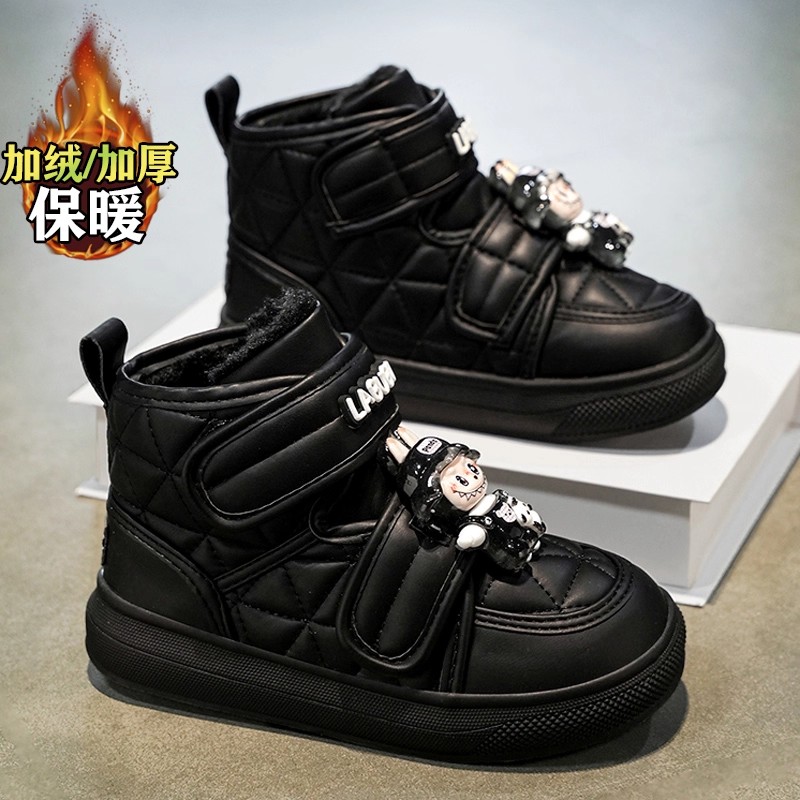 拉布布女童雪地靴2025冬款小学生防水加绒加厚儿童大棉鞋黑色棉靴