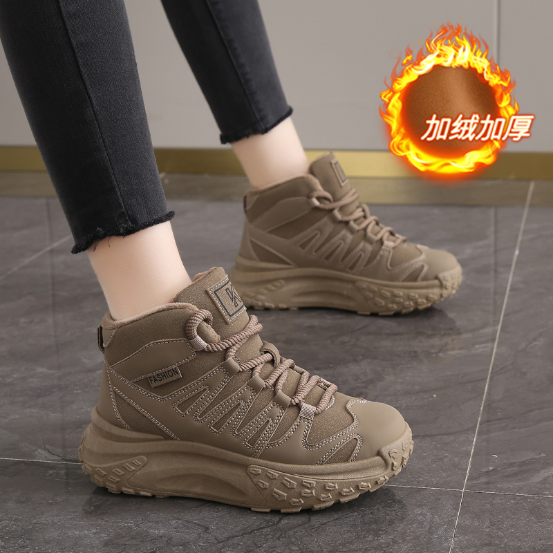 女童棉鞋加绒黑色老爹鞋2025冬中大童二棉运动鞋厚底真皮保暖棉靴