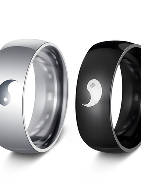 道家中国风通男士饰品 8mm激光镭射八卦阴阳鱼不锈钢戒指不掉色
