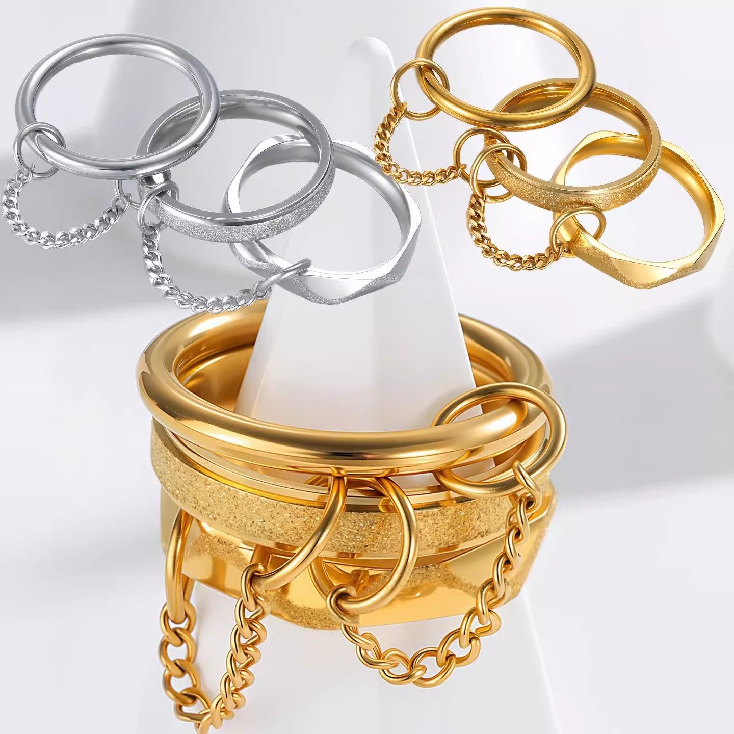 叠戴戒指小众连指指环钛钢手饰品ring女士戒指法式欧美链条不锈钢