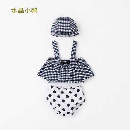 儿童泳衣女孩女童2023新款可爱分体泳衣蝴蝶结格子宝宝游泳衣套装