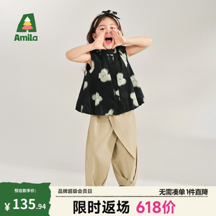 长裤 Amila女童休闲套装 夏装 儿童甜美两件套衬衫 九分度假风新 无袖