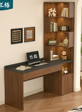 实木转角书桌书架一体桌子学生家用卧室拐角L型书桌书柜定制9L81