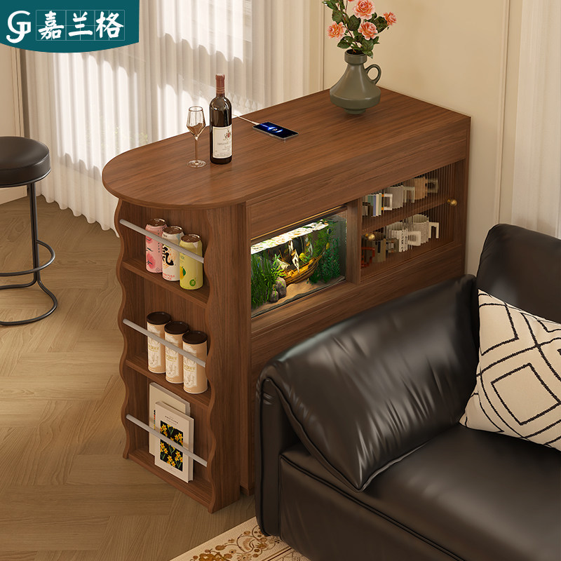 中古风实木伸缩吧台桌家用客厅沙发边柜隔断柜餐边柜一体定制9E97