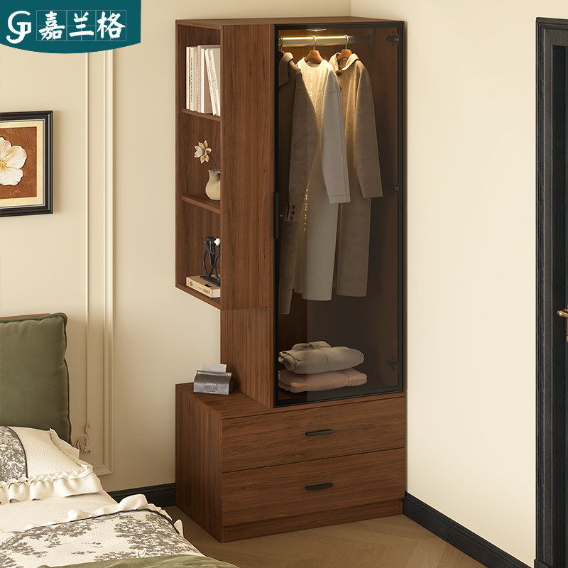 实木衣柜家用卧室收纳储物柜床头柜一体转角挂衣柜窄衣橱柜子9A96