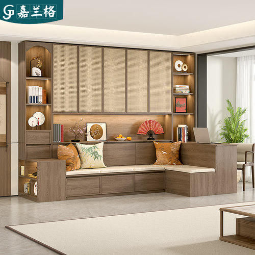 定制客厅书柜一体整墙到顶沙发一体柜覆古卡座书柜背景收纳柜9F93