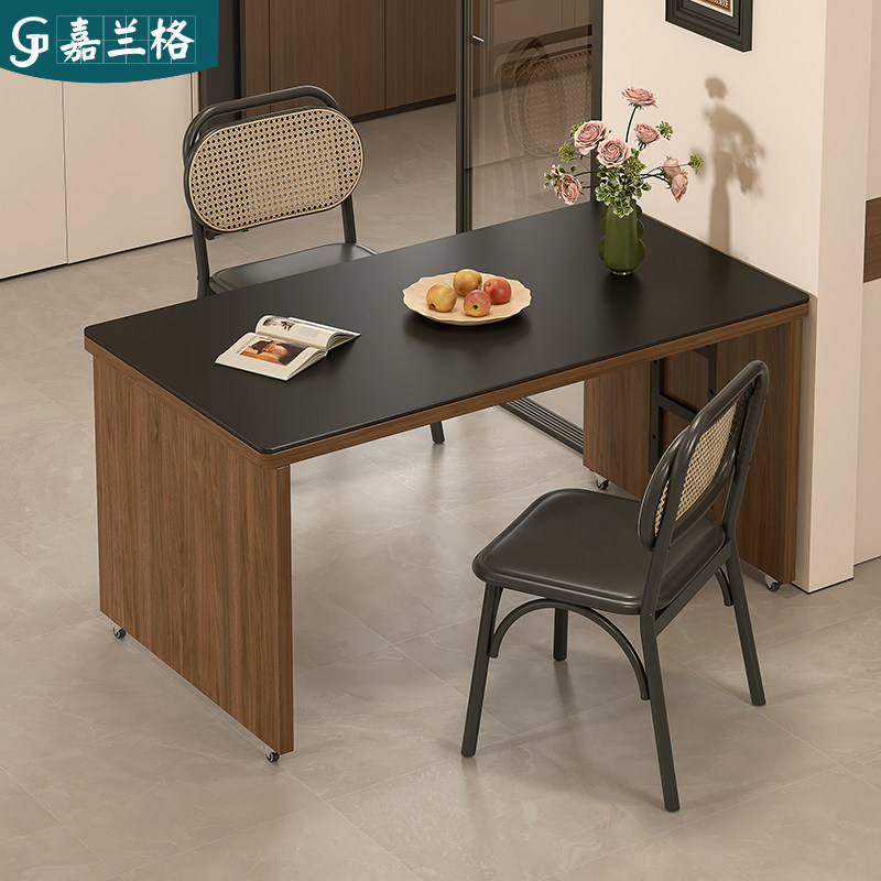 岩板实木万向轮移动餐桌小户型