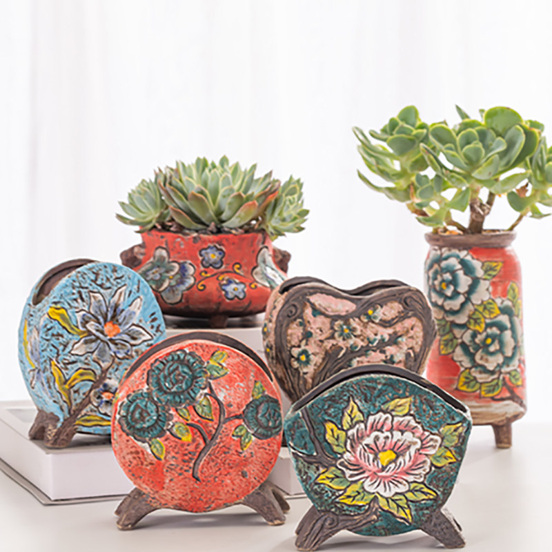 述息心形花盆延禧手绘创意造型多肉植物花盆粗陶陶瓷爱心花盆包邮