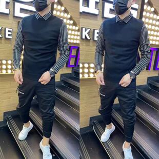 803春秋新款男士洋气条纹假两件潮流弹力翻领休闲t恤时尚上衣百搭