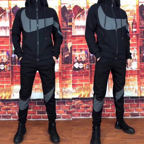T001秋冬季男士连帽外套休闲裤两件套黑色运动套装潮流男装运动服