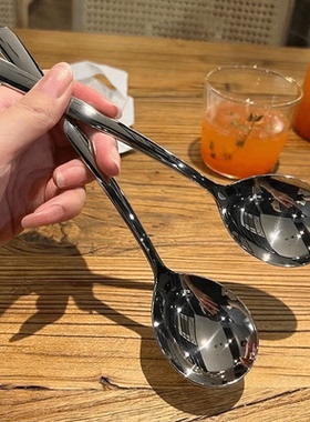 不锈钢勺子家用网红餐具韩式长柄吃饭喝汤勺可爱圆头加厚Caml265