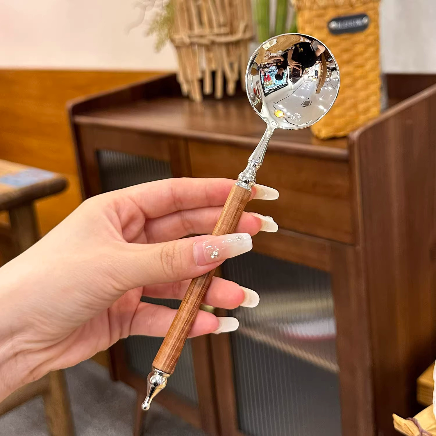 【圆头干饭勺】高档货黄花梨仿木手柄3不锈钢喝汤勺子主餐