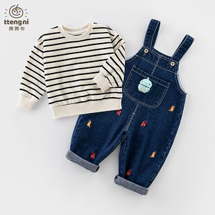 男宝宝春秋装 秋季 女小童时尚 婴儿童牛仔裤 卡通刺绣休闲长裤 背带裤