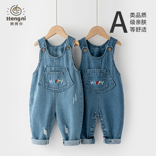 婴儿牛仔背带裤春款磨破女宝休闲连体裤刺绣0-2岁宝宝裤子春秋装