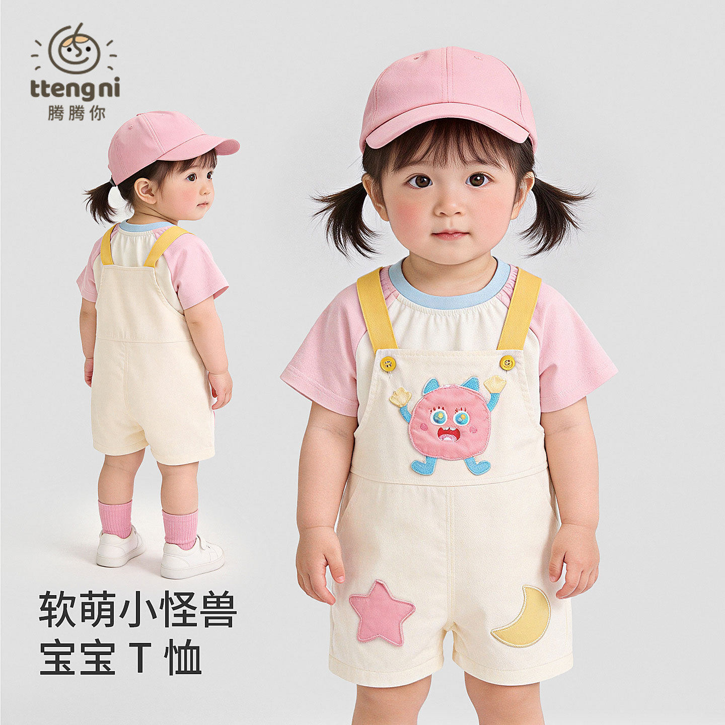 女童夏季可爱小怪兽撞色插肩短袖T恤宝宝休闲百搭儿童上衣