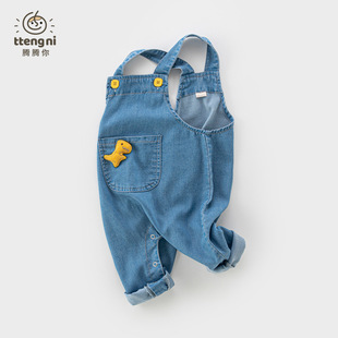 婴儿牛仔背带裤夏季薄款卡通男宝休闲防蚊裤按扣裆1-4岁宝宝裤子