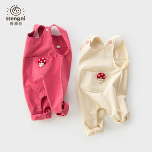 女宝连体衣背带裤春秋新品可爱蘑菇婴儿裤子按扣裆0-3岁宝宝裤子