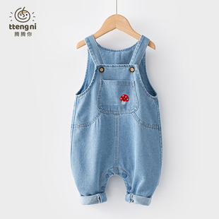 女宝背带裤春秋可爱蘑菇婴儿牛仔连体裤按扣裆0-3岁宝宝裤子春季