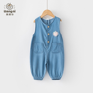 婴儿牛仔背带裤夏薄款防蚊裤女宝背心连体裤小童裤子冰丝凉感夏款