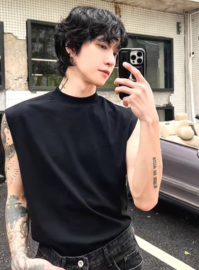 美式小高领坎肩男冰丝棉纯色修身无袖t恤cityboy凉感中领打底背心