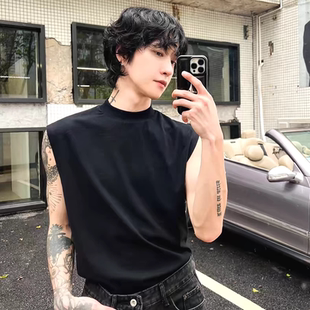 无袖 t恤cityboy凉感中领打底背心 小高领坎肩男冰丝棉纯色修身 美式