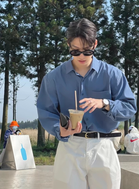 韩系蓝色棉麻衬衫男薄款透气宽松长袖防晒开衫亚麻休闲工装衬衣潮