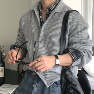 复古羊毛夹克衫 外套美式 男单排扣翻领卫衣工装 韩系包芯纱针织开衫