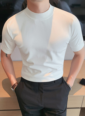 轻熟风冰丝棉中领t恤潮男穿搭紧身弹力短袖亲肤舒适小高领针织衫