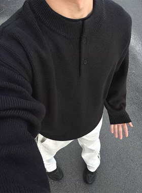 老钱风亨利领针织衫男氛围感修身半开扣卫衣美式毛呢毛衣夹克外套