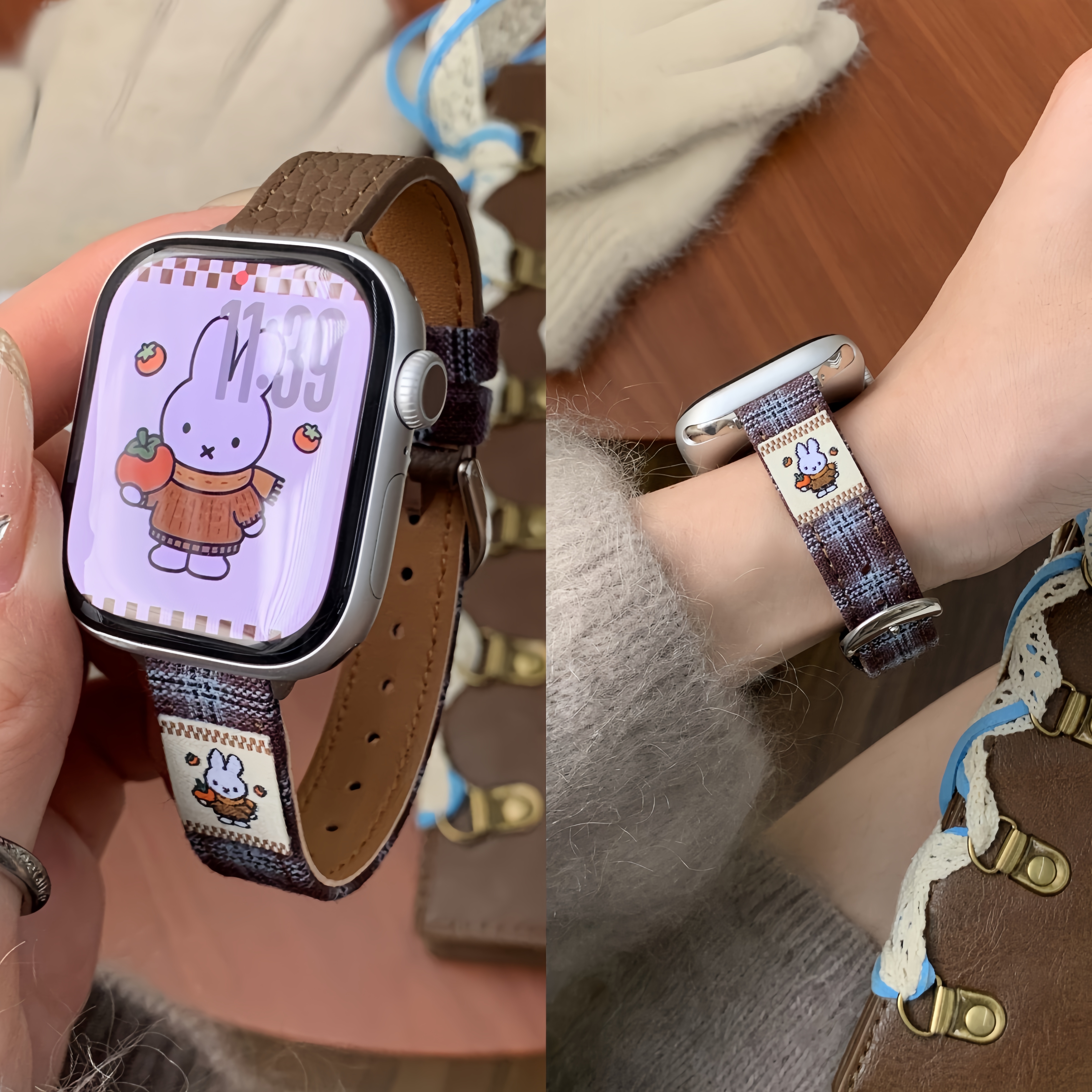 适用iwatchs11苹果手表applewatch11/10/9秋冬款s8格子拼米菲兔se新款女士腕带ultra手表带休闲女款s7潮