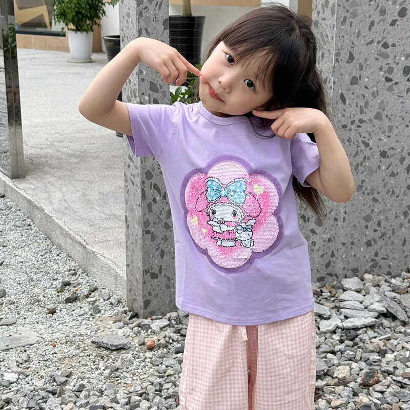 女童库洛米衣服夏季短袖T恤纯棉宝宝亮片可变色半袖衫儿童变脸T
