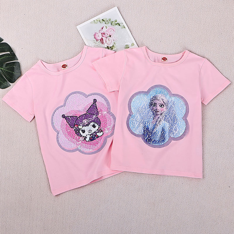 女童短袖t恤夏装纯棉库洛米亮片变色衣服宝宝儿童卡通上衣半袖衫