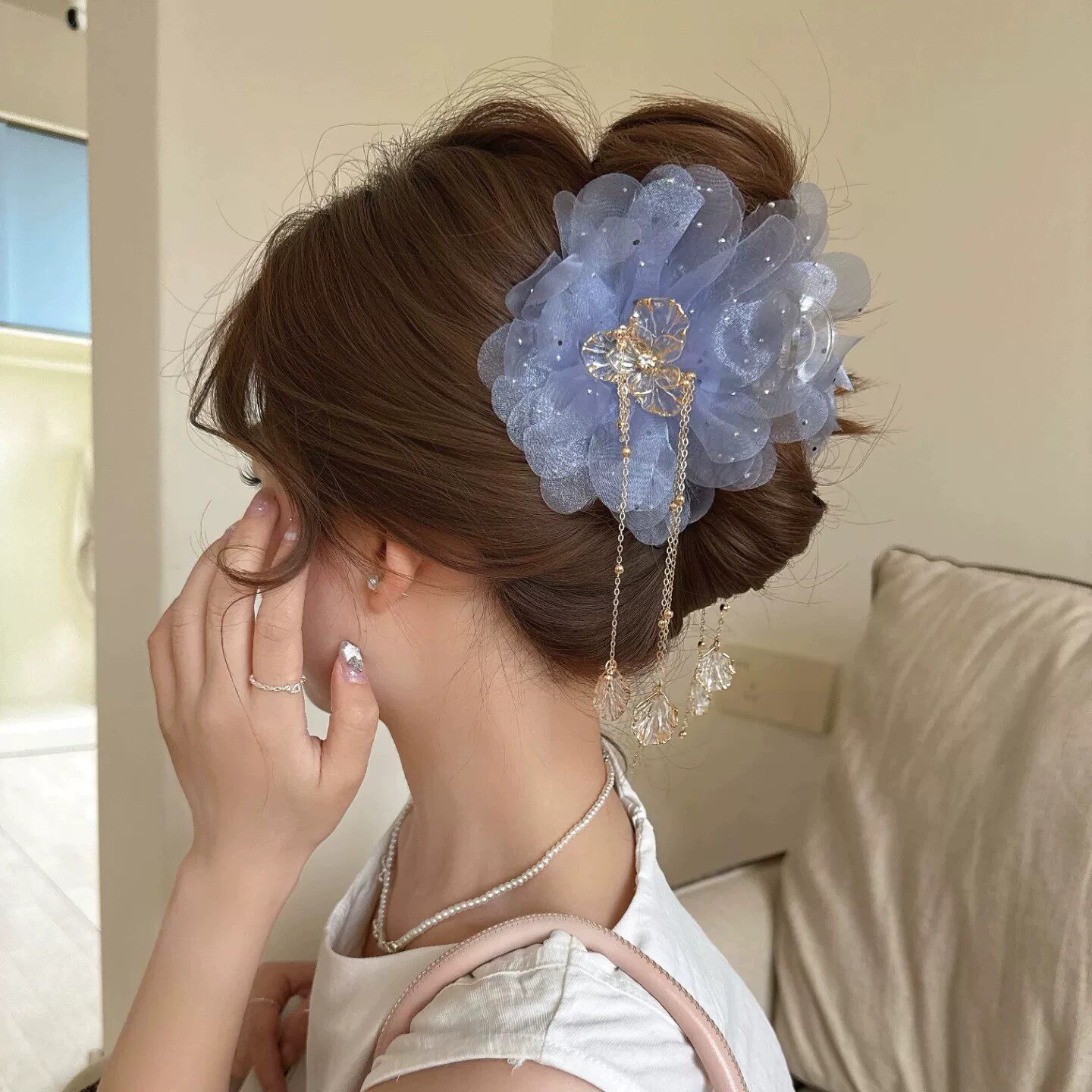轻奢牡丹花网纱流苏抓夹女高级感