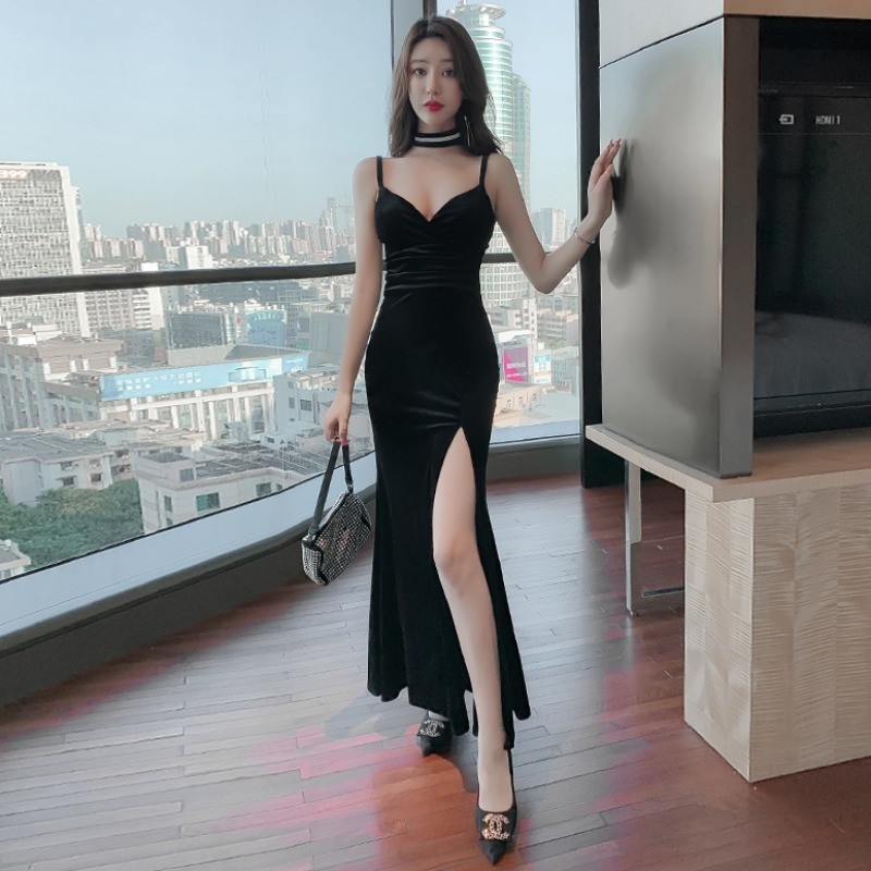 夜总店上班技师夜场女装2025年夏装新款吊带低胸长裙晚礼服高开叉