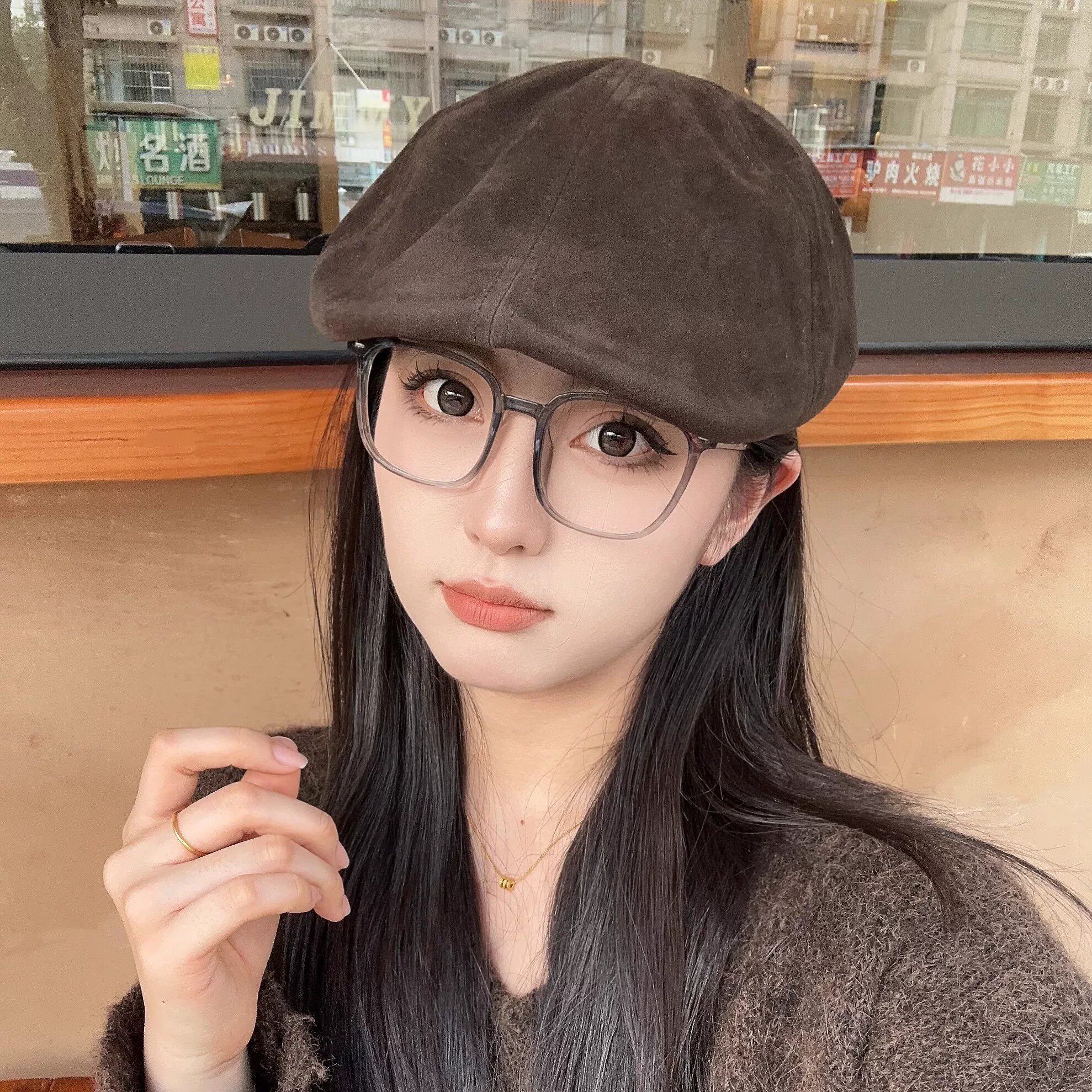 2026咖色前进帽女秋季麂皮绒复古