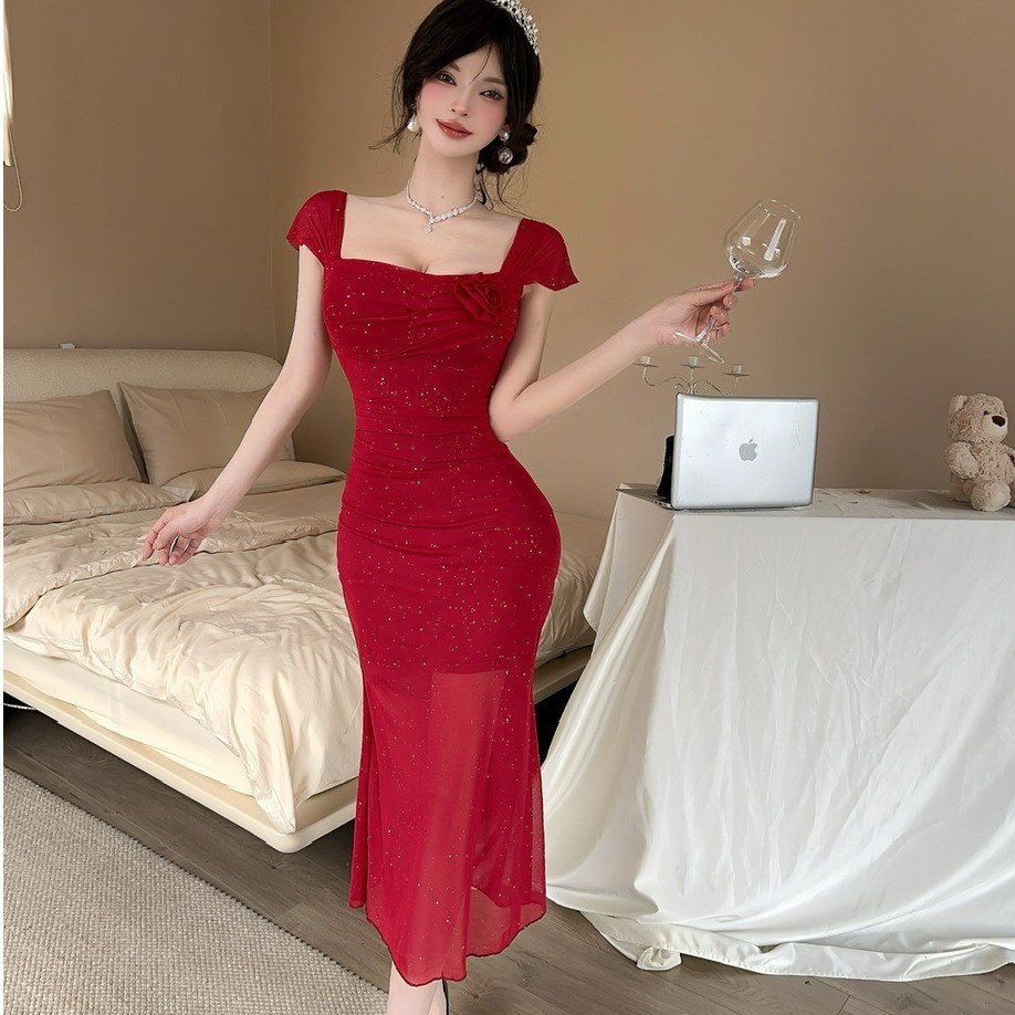 夜总店上班技师法式气质时尚玫瑰花连衣裙女茶歇鱼尾裙修身显瘦小