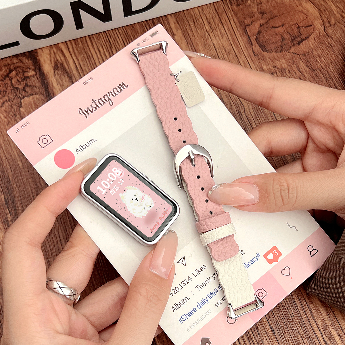 适用华为手环10花边荔枝纹皮表带