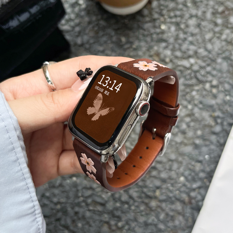 iwatch10樱花皮质表带小众显白女