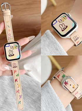 适用苹果s10s9s8表带秋冬新款皮质iwatchs7手表带创意可爱女款applewatch6腕带s7s6s5s4小众iwatchse2代真皮