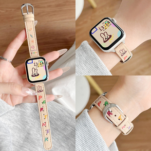 适用苹果s10s9s8表带秋冬新款皮质iwatchs7手表带创意可爱女款applewatch6腕带s7s6s5s4小众iwatchse2代真皮
