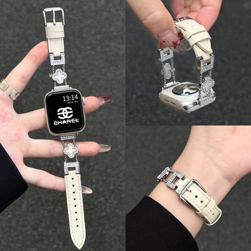 适用苹果s11四叶草真皮表带秋冬