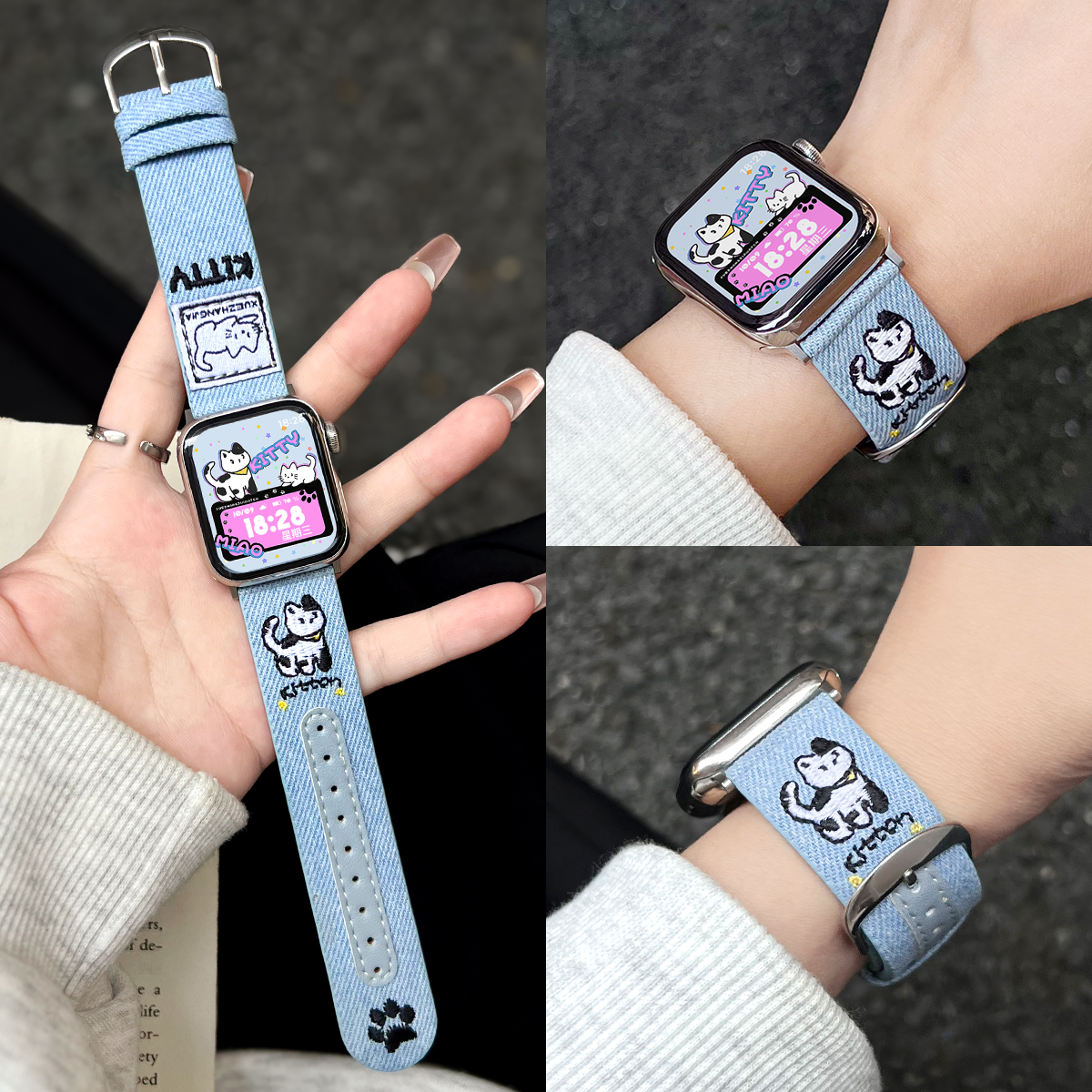 适用FIT3猫猫刺绣真皮表带送贴膜