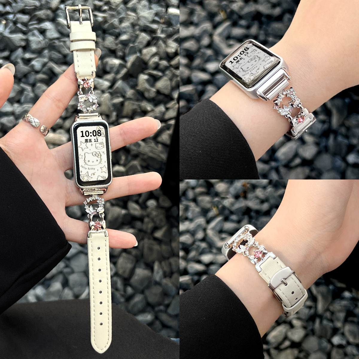 适用华为手环10金属蝴蝶皮质表带