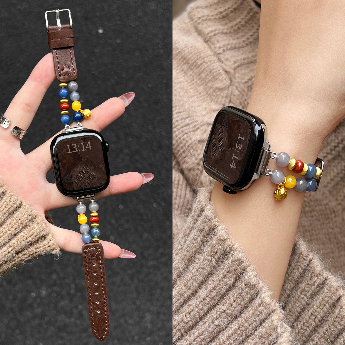 适用苹果s11串珠真皮表带秋冬款