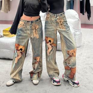 3D印花爆款男女直筒裤1981m泰迪熊小熊蝴蝶结美式做旧阔腿牛仔裤