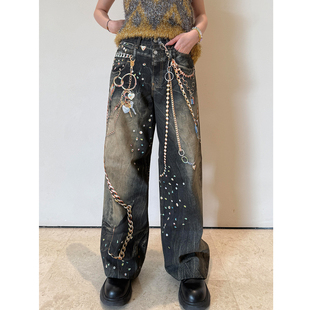 AC3D立体印染黑金链条错视牛仔裤男女同款宽松美式阔腿直筒长裤