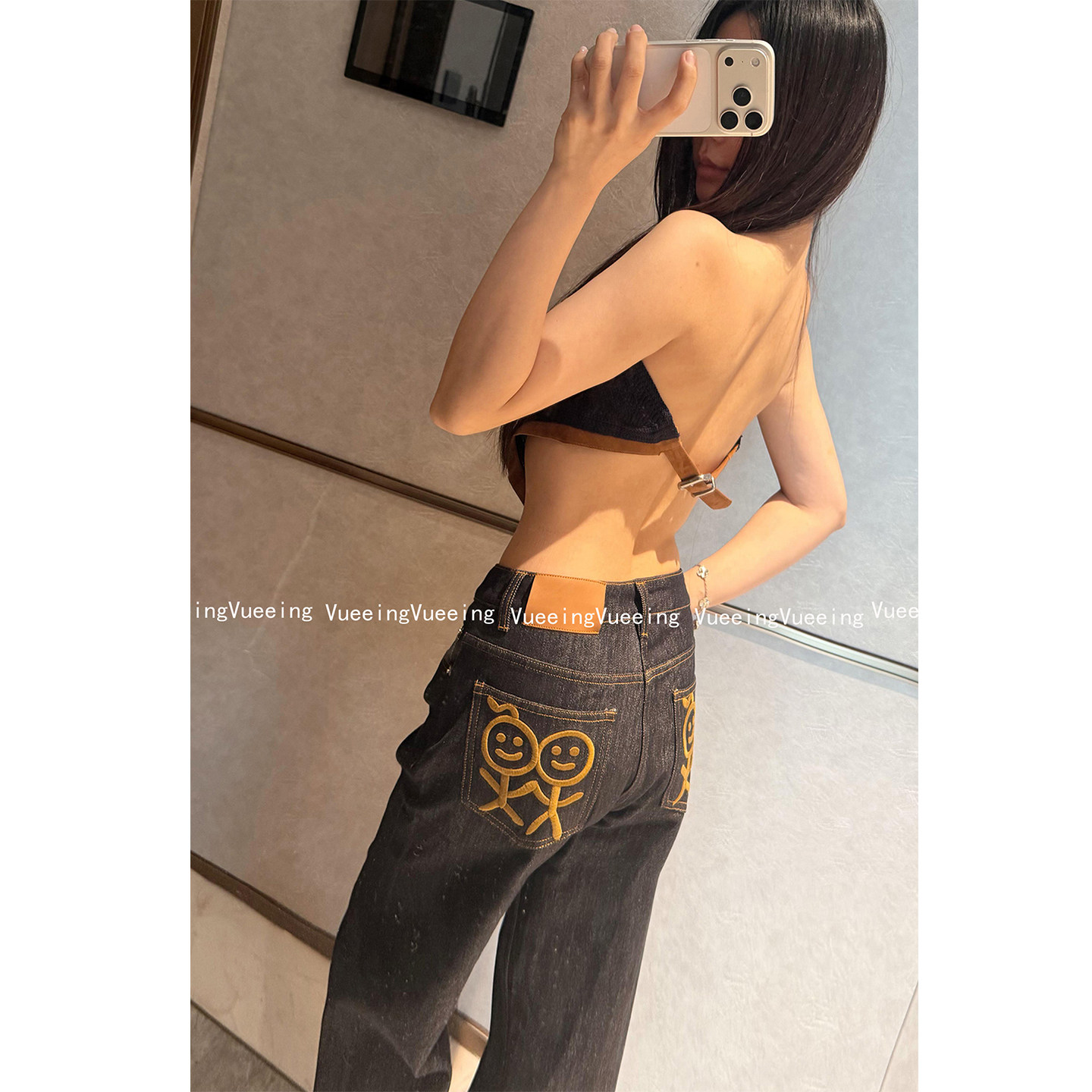 火柴人刺绣宽松直筒拖地牛仔裤女