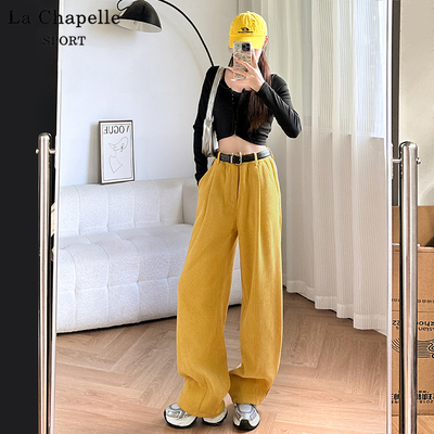 拉夏贝黄色灯芯绒阔腿裤女秋冬加绒2025新款宽松直筒弯刀休闲裤q