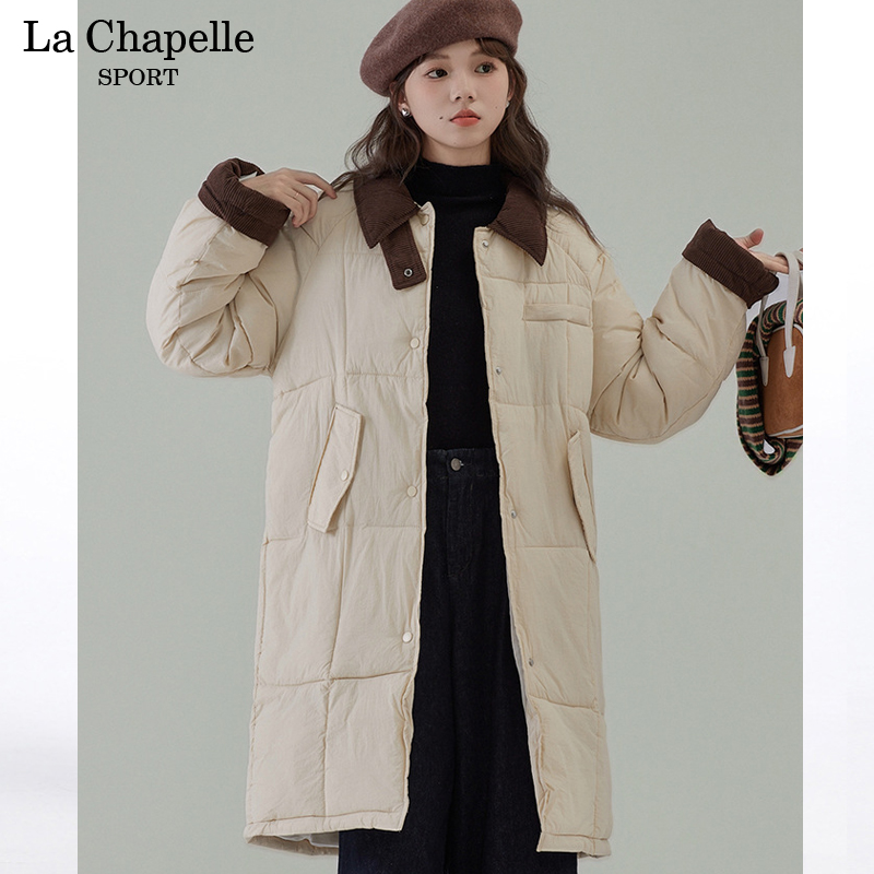 拉夏贝尔中长款撞色翻领棉服外套